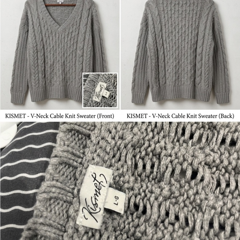 Kismet Gray Cable Knit V-Neck Pullover